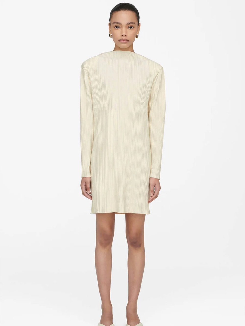 NWT Anine Bing Kira Cream Long-Sleeve Pleated Shift Dress Large $350